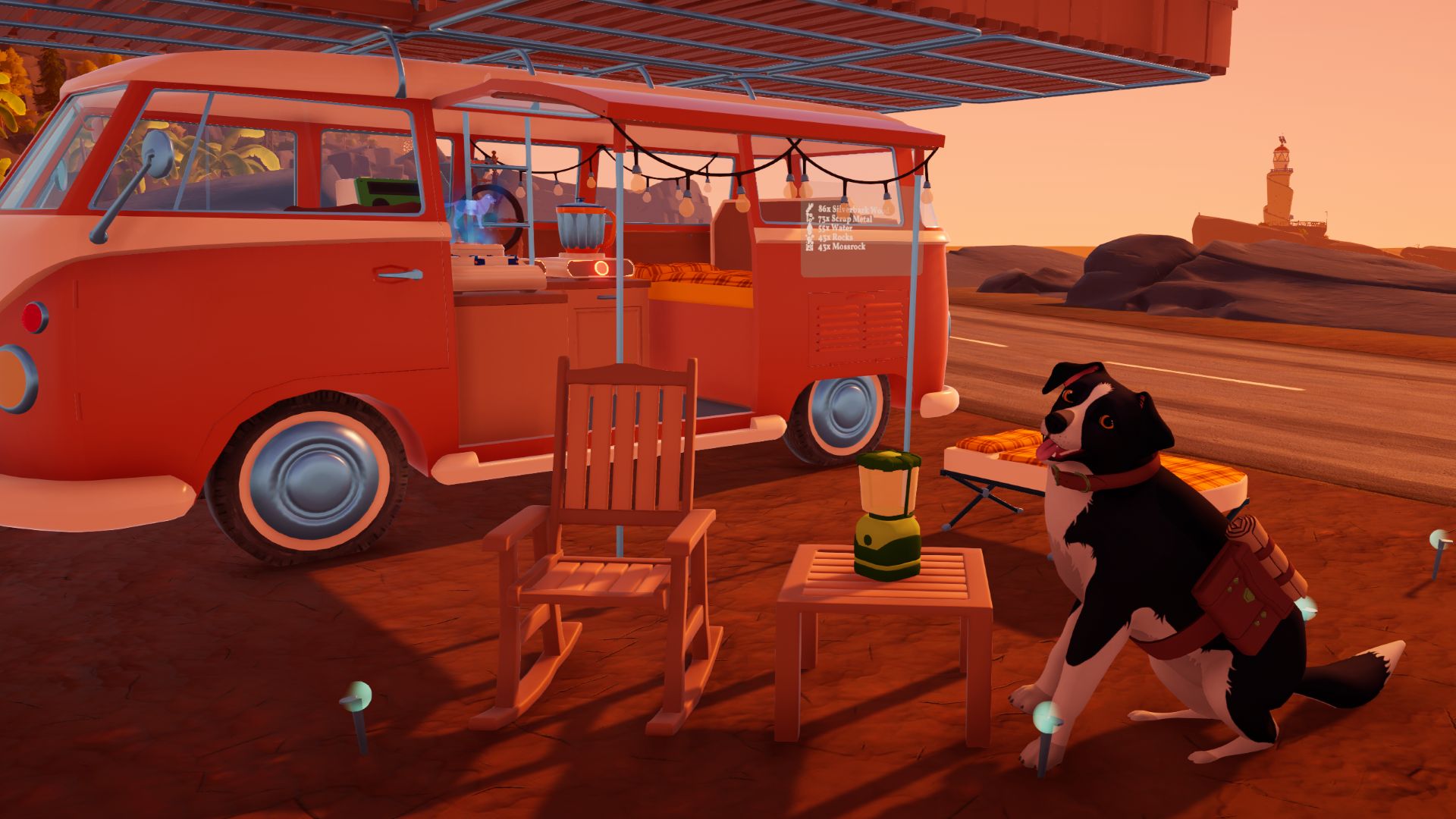 Outbound - A player's decorated camper van and dog sitting out front. 