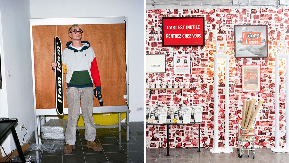Man with skis and a red graphic print room