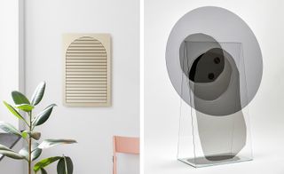 Left image: 'Venise' light, white wall, top of rubber plant, top of pink chair. Right: 'Perspective' glass object, white background