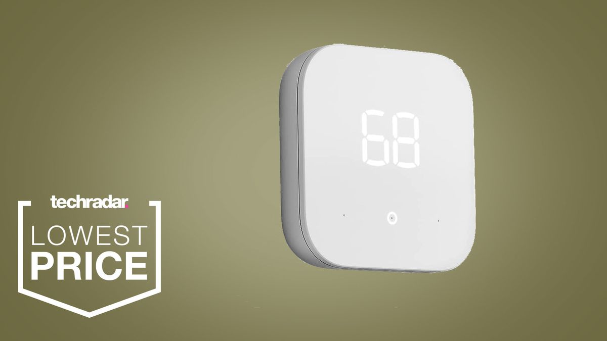 Amazon Smart Thermostat on a khaki colored background