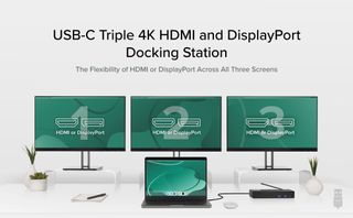Three monitors and a laptop connected with the Plugable UD-6950PDZ docking station