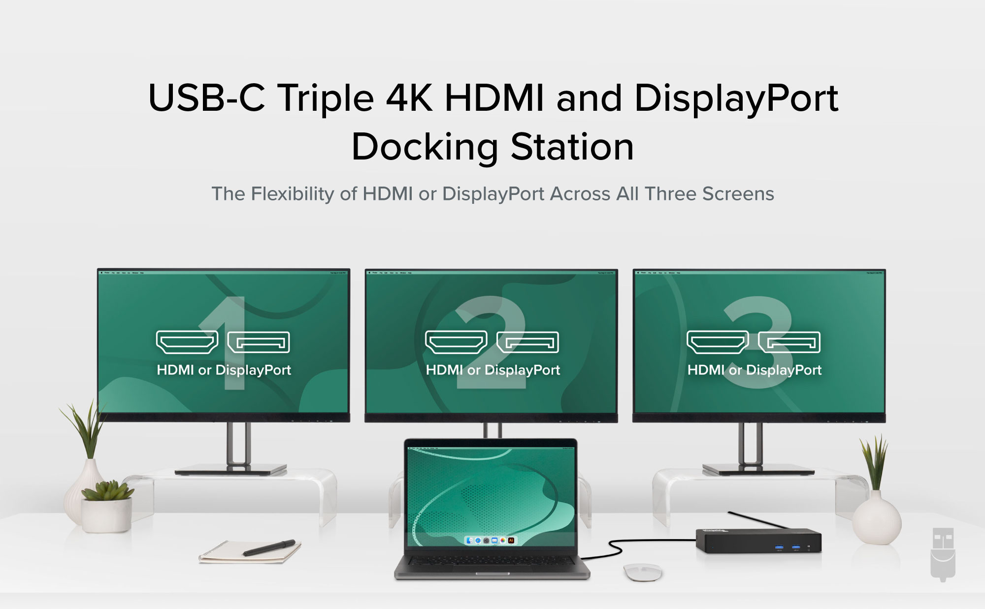 Three monitors and a laptop connected with the Plugable UD-6950PDZ docking station