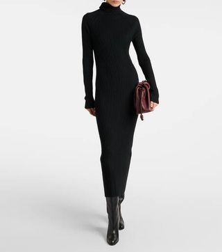 Ribbed-Knit Wool and Silk Midi Dress