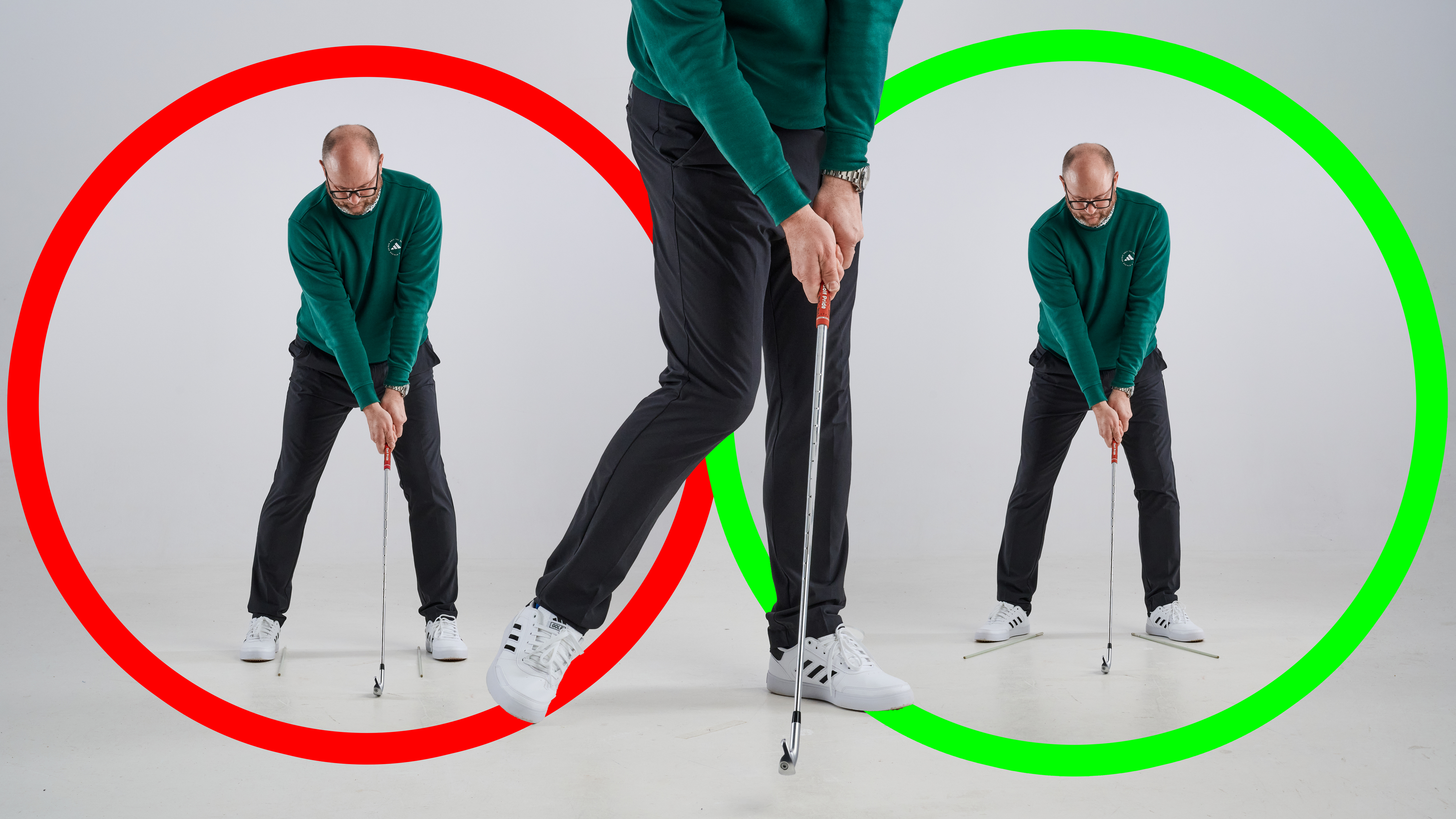 Russell Covey demonstrating the correct foot position for better rotation and power in the golf swing, with smaller inset images of Russell using alignment sticks to show good and bad technique