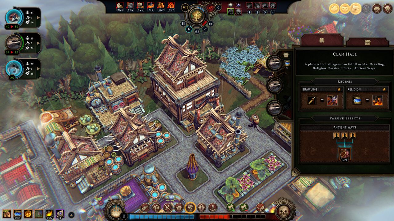 A fantasy city in a rainy world in 3D style from videogame Against the Storm