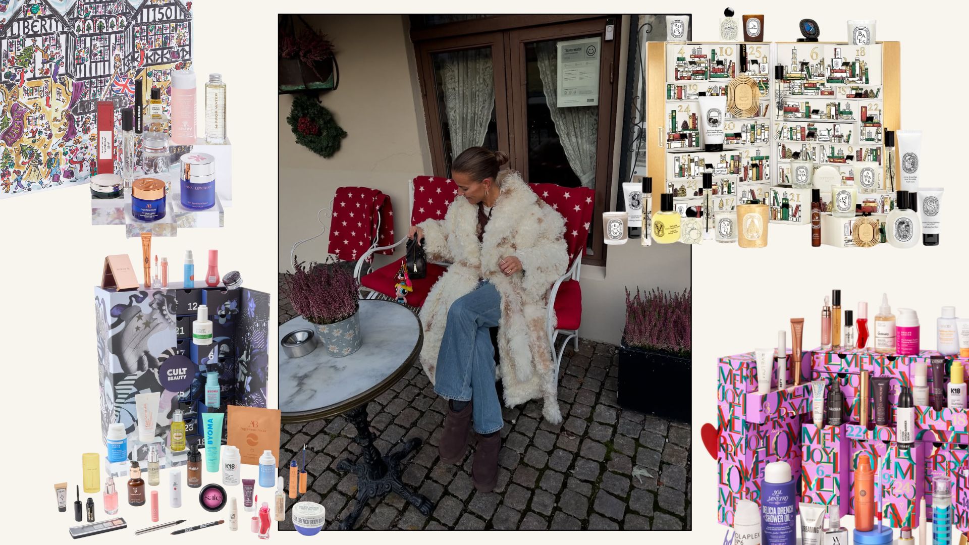Janka Polliani wearing a festive winter coat, along with advent calendars from Liberty, Diptyque, Cult Beauty and Space NK
