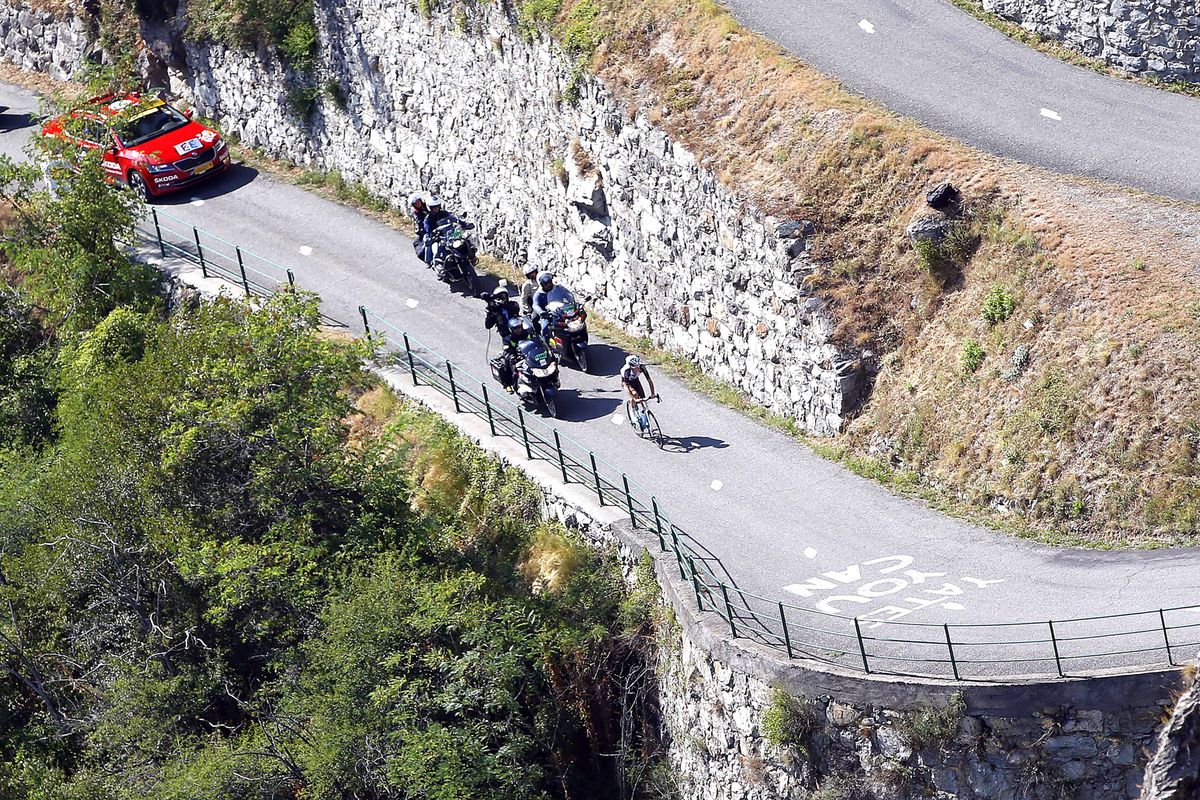 Romain Bardet alone on the Lacets de Montvernier.