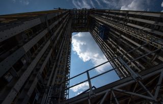 The 215-foot-tall structural test stand for NASA's Space Launch System is at NASA's Marshall Space Flight Center in Huntsville, Alabama.