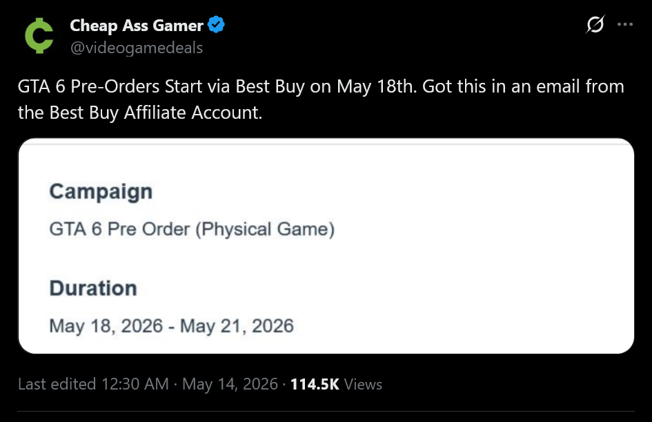 GTA 6 Pre-Orders Start via Best Buy on May 18th. Got this in an email from the Best Buy Affiliate Account.