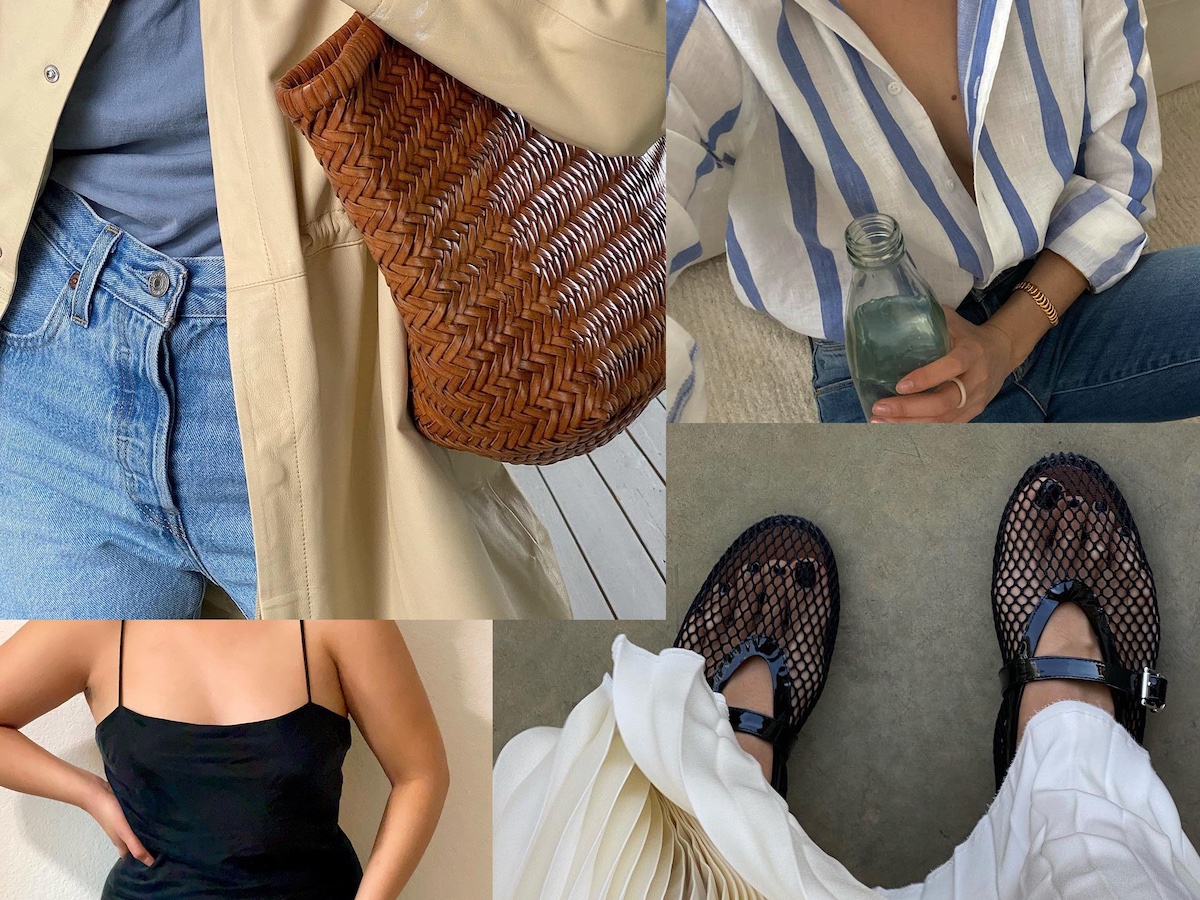 fashion collage featuring close-up details on chic closet staples from women including Marianna Smyth, Sasha Mei, Débora Rosa, and Marina Torres