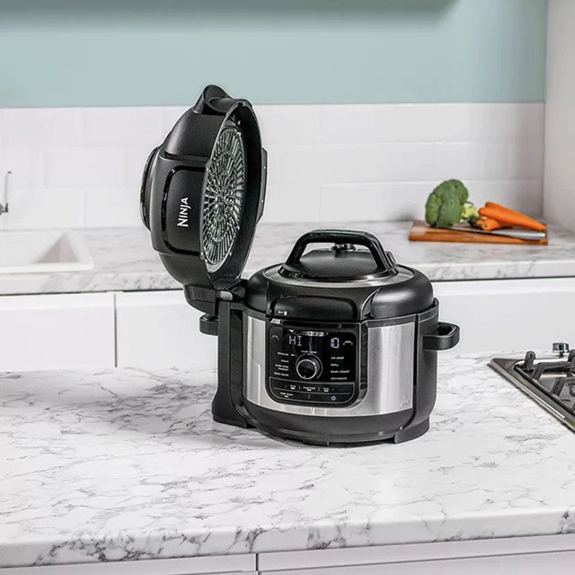 Ninja multi-cooker on grey kitchen counter