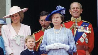 Queen Elizabeth II, Prince Philip, Prince Charles, Diana Princess of Wales and Prince William stand on the balcony of Buckingham Palace for Trooping The Colour