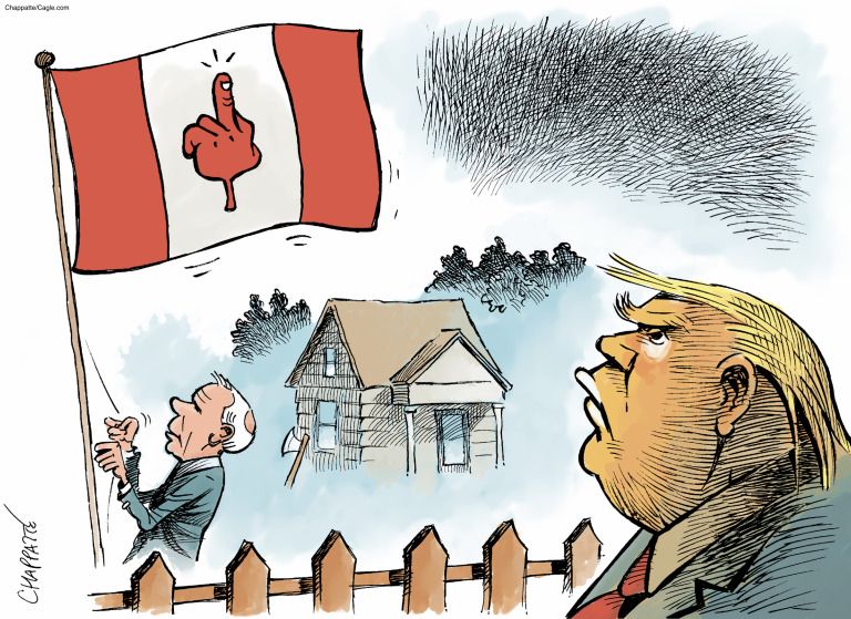 
                                Donald Trump watches Mark Carney raise a Canadian-colored flag. This flag has replaced the maple leaf with a hand giving Trump the finger.
                            