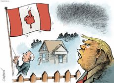Donald Trump watches Mark Carney raise a Canadian-colored flag. This flag has replaced the maple leaf with a hand giving Trump the finger.