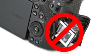 CFexpress memory card ejecting from a Canon camera with a "no smoking" logo crossing it out