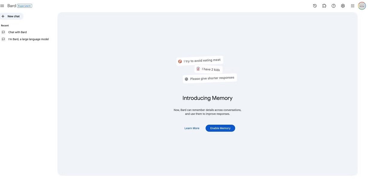 The introduction splash page for Memory in Bard.