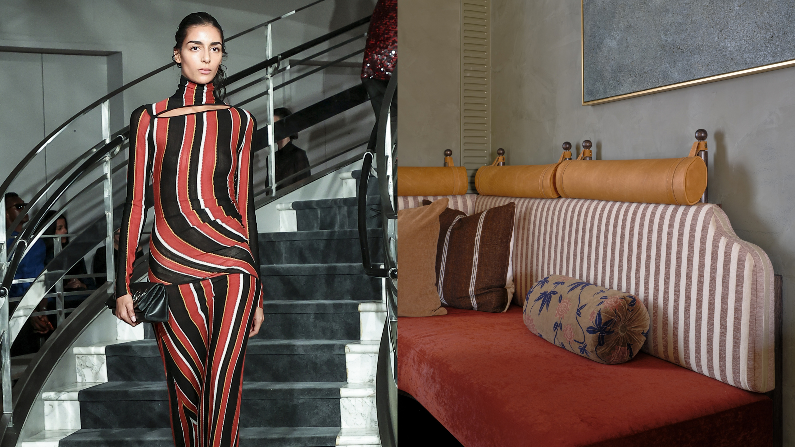 Side-by-side of a model wearing a red, black, and white-striped Proenza Schouler two-piece and a striped dining banquette featuring a striped throw pillow