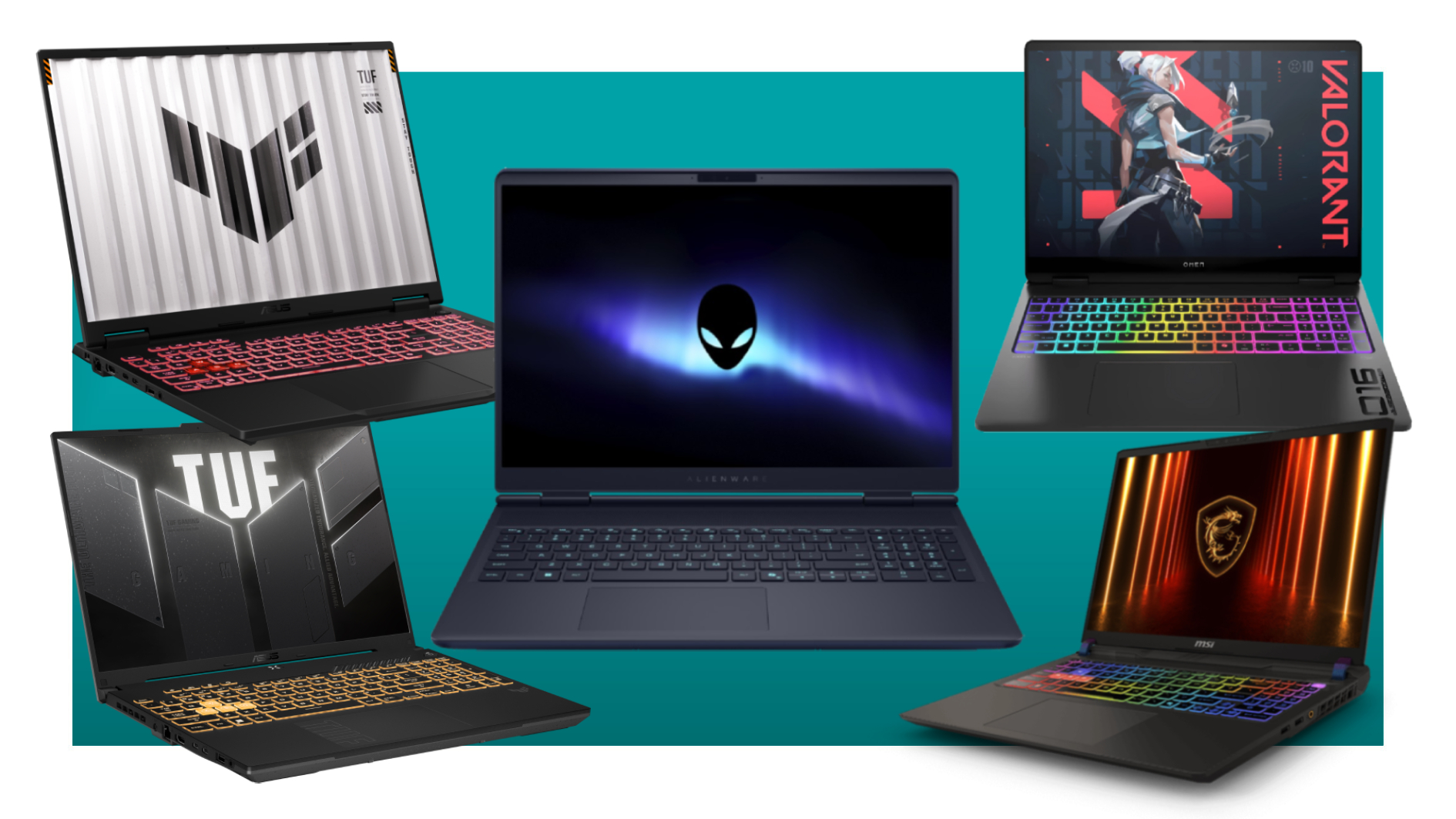 Five gaming laptops on a teal deals background