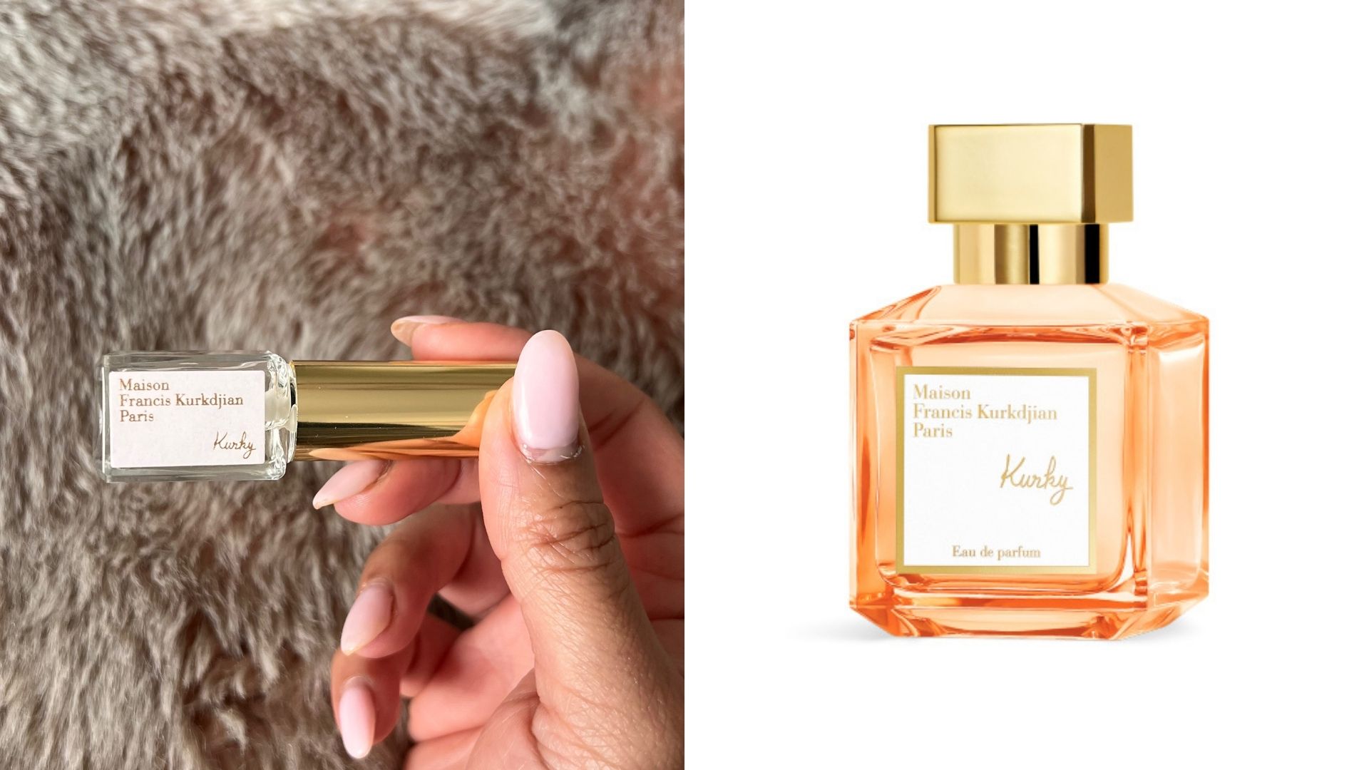 Aleesha holding a mini bottle of Maison Francis Kurkdjian's Kurky next to a product shot of the 70ml size