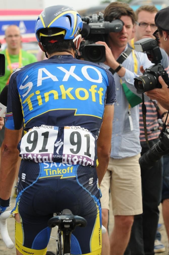 Looking to have taken a tumble, Contador had damage to the left shoulde, right arm and back of his jersey, plus his left hip