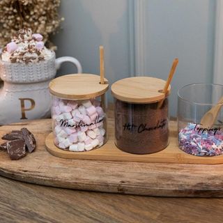 Hot chocolate station set up with mason jars