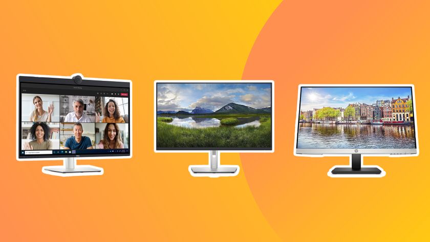 Three of the best monitors for working from home on a yellow background