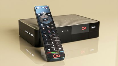 Virgin TV 360 box and remote on a yellow backdroup