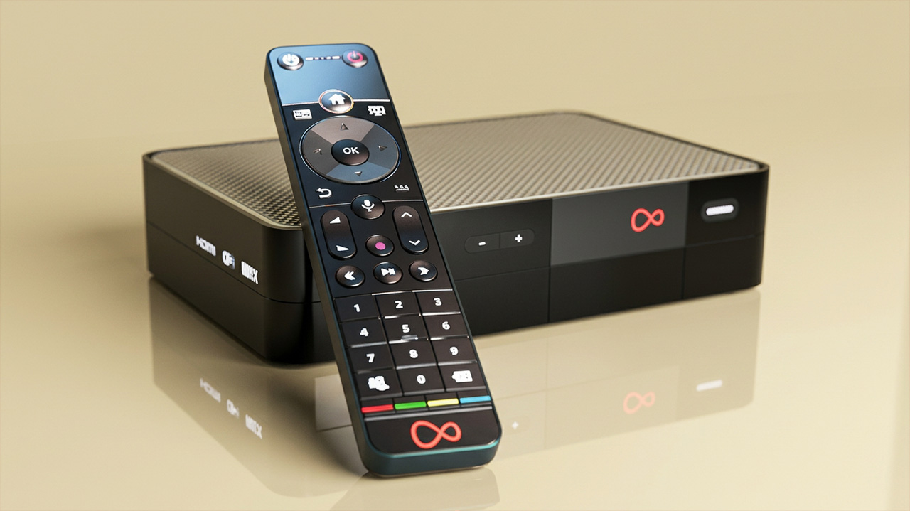 Virgin TV 360 box and remote on a yellow backdroup