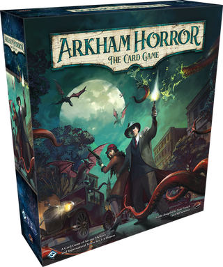 The box for board game Arkham Horror: The Card Game, depicting two investigators fighting off Lovecraftian monsters.