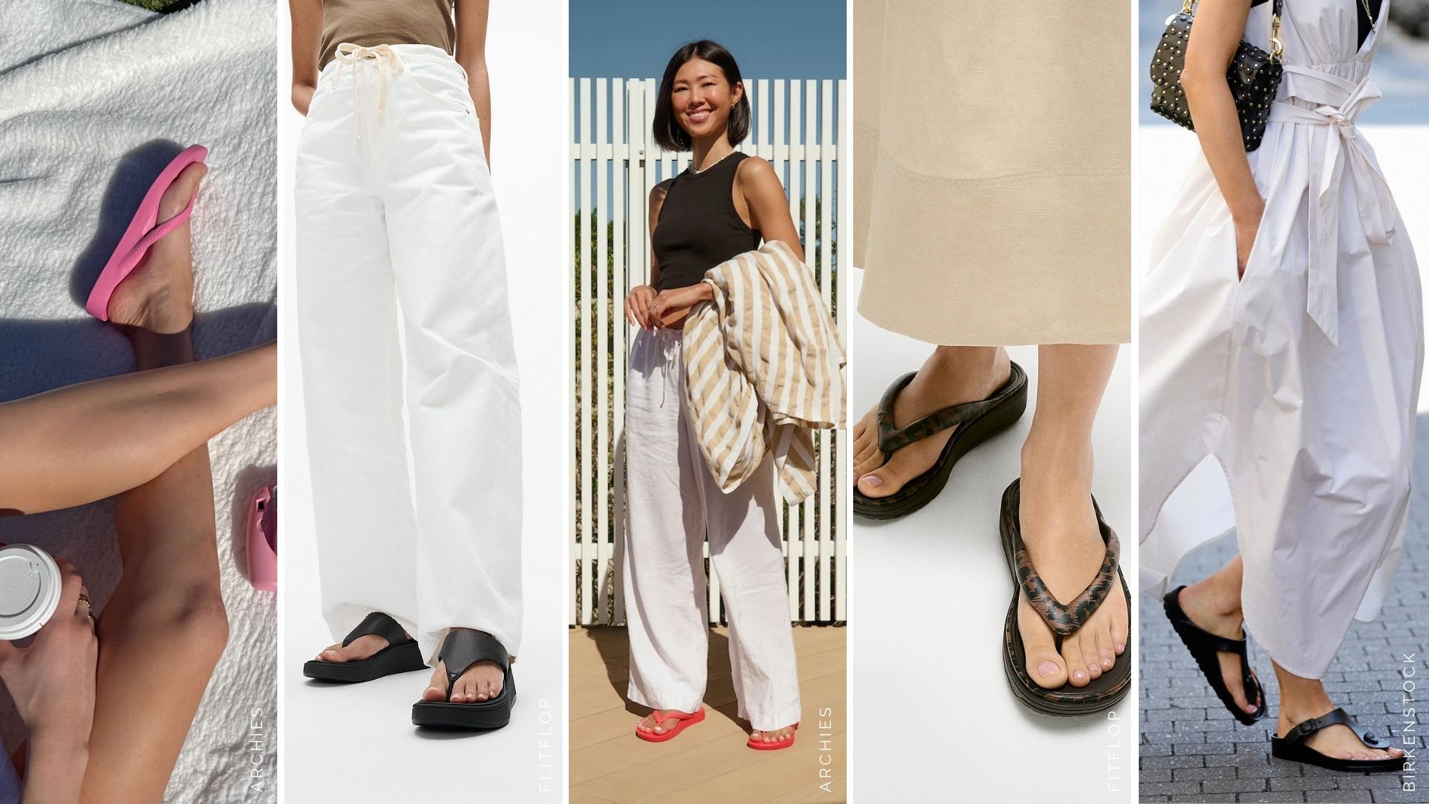 composite of models wearing supportive and stylish flip flops tested by Marie Claire UK