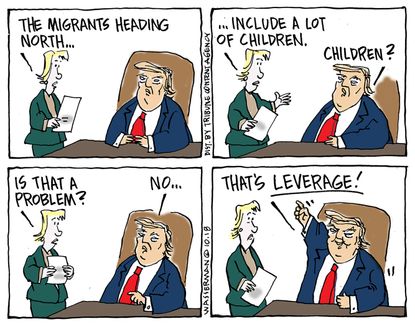 Political cartoon U.S. Trump Honduran migrant caravan children leverage