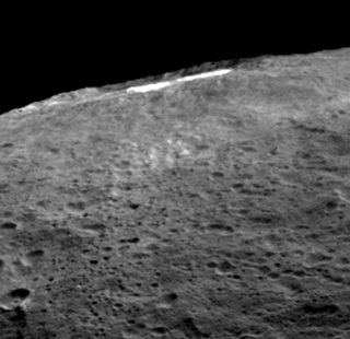When sunlight reaches Ceres' Occator Crater, a kind of haze of dust and evaporating water forms there. This haze can only be discovered by looking at it laterally, as has been done here.