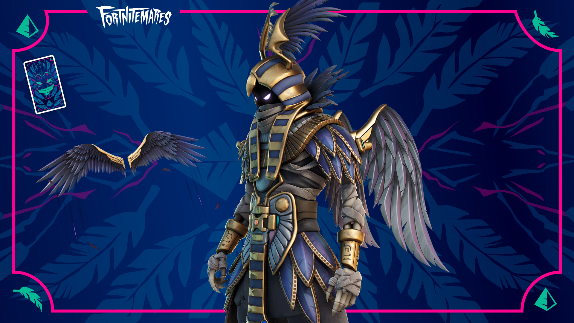 A cross between the Raven Fortnite Skin and a Pharoh from ancient egypt - with a mash of feathers and ancient garb