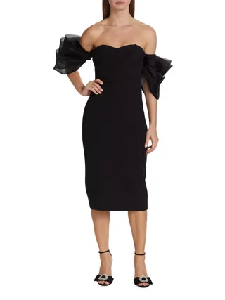 Badgley Mischka Organza Puff-Sleeve Cocktail Midi-Dress