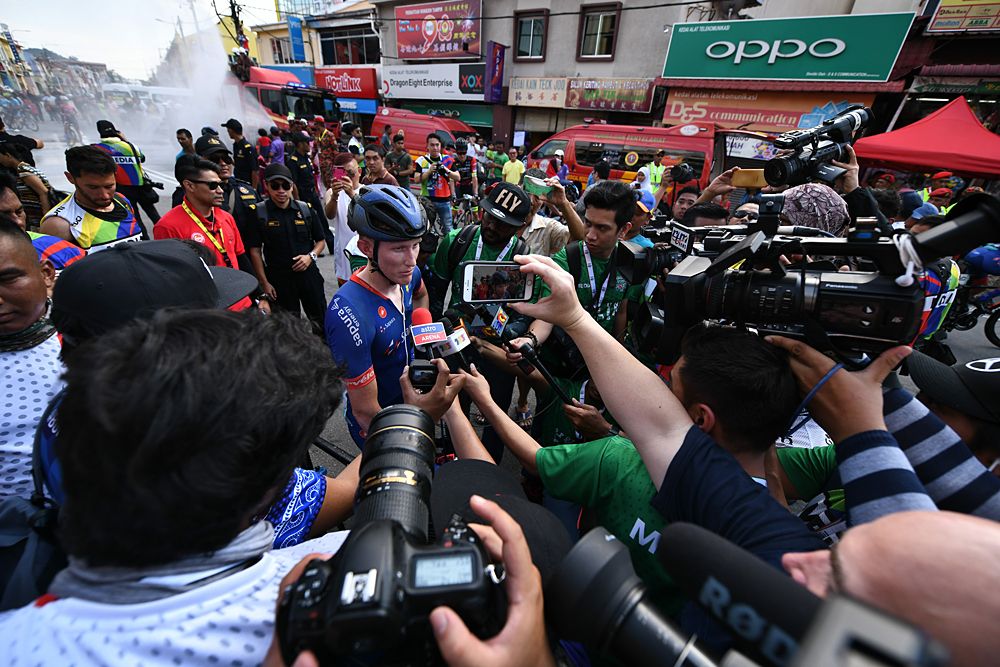 Marcus Culey (Team Sapura Cycling) speaks with the press after winning the opening stage at Tour de Langkawi