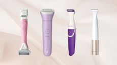 4 of the best bikini trimmers from (left to right) Wilkinson Sword, Philips and Panasonic, set against a pale pink fabric-style background