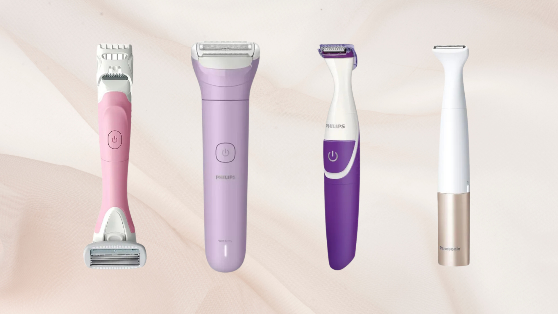 4 of the best bikini trimmers from (left to right) Wilkinson Sword, Philips and Panasonic, set against a pale pink fabric-style background