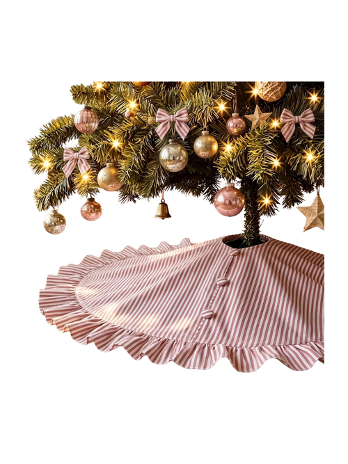 48" Striped Christmas Tree Skirt Vintage Ruffle Decor, Red White