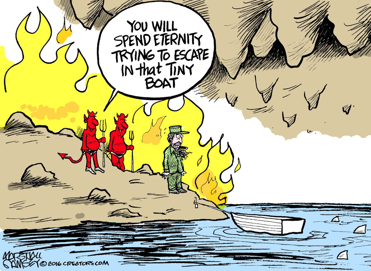 Political cartoon U.S. Fidel Castro hell boat