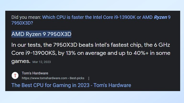 Ein Google Snippet über AMD- und Intel-CPUs