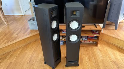 The Fluance Ri91 speakers together, in front of a TV