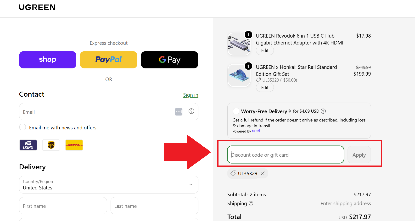 A screenshot of the ugreen checkout page showing where to enter a ugreen promo code