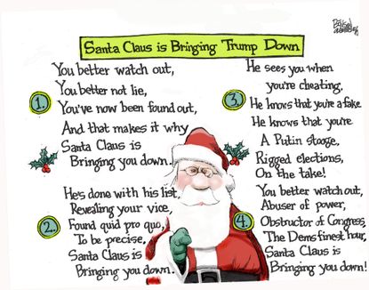 Political Cartoon U.S. Santa Clauss Bringing Trump Down