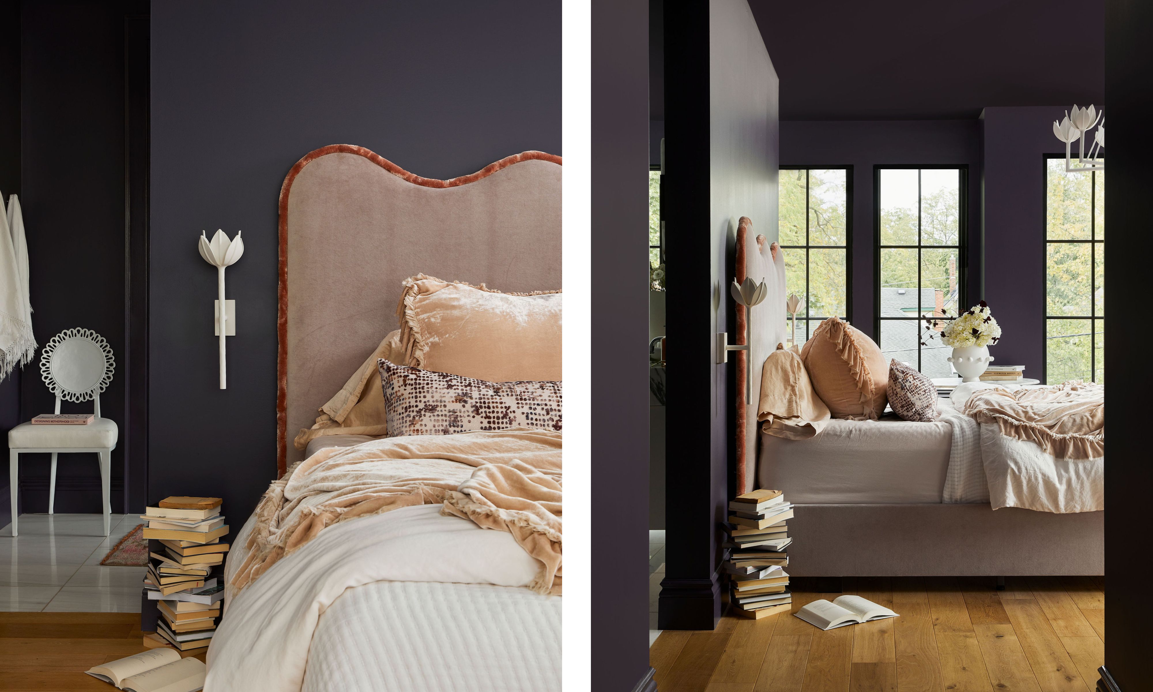 Split image of a dark bedroom. The left image is of the headboard which is upholstered in pink velvet and on the right is a view of the bed with the large windows in the background