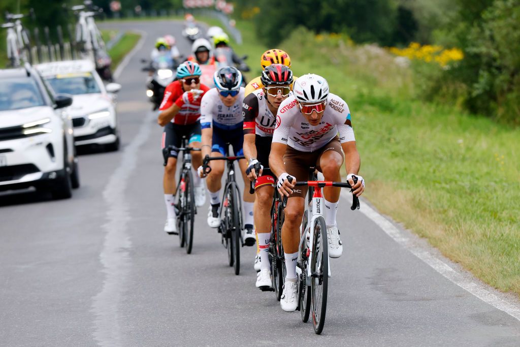 SANOK POLAND AUGUST 02 LR Rui Oliveira of Portugal and UAE Team Emirates and Nans Peters of France and AG2R Citren Team compete in the breakaway during the 79th Tour de Pologne 2022 Stage 4 a 1794km stage from Lesko to Sanok TdP22 WorldTour on August 02 2022 in Sanok Poland Photo by Bas CzerwinskiGetty Images