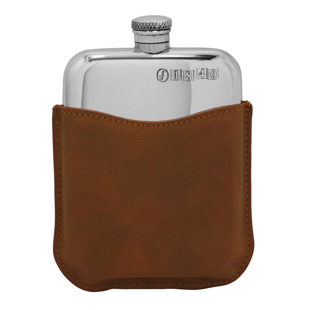 Farlows 6oz Hip Flask With Tan Leather Pouch