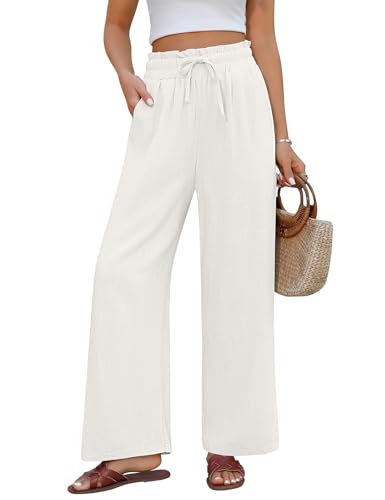Pasuda Womens Linen Trousers Summer Wide Leg Pants Cotton Linen Casual Pants With Pockets Elasticated High Waist With Drawstring Loose Lounge Pants for Ladies (beige, Xl)