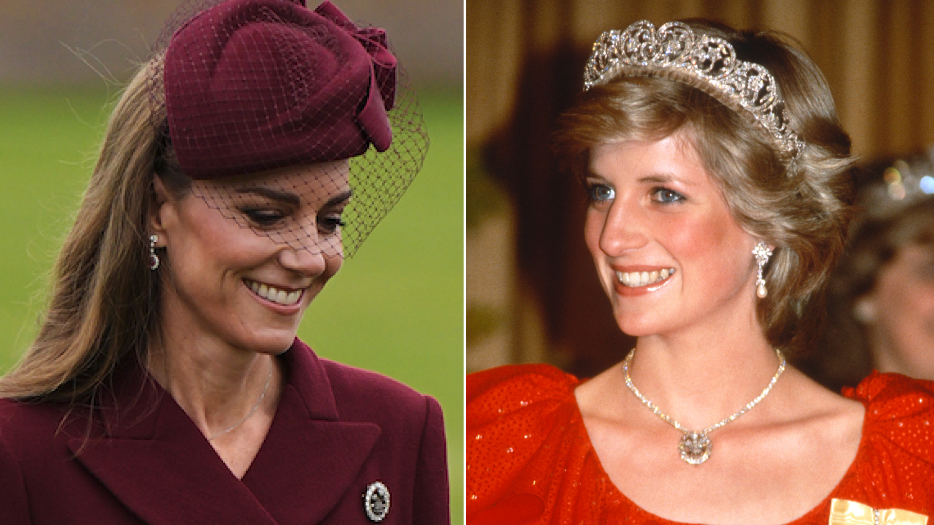 Kate Middleton wears a dark red coat dress with a matching hat and Princess Diana&#039;s Queen Alexandra Three-Feather Brooch