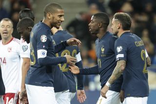 France players celebrate one of their goals in the 14-0 win at home to Gibraltar in November 2023.
