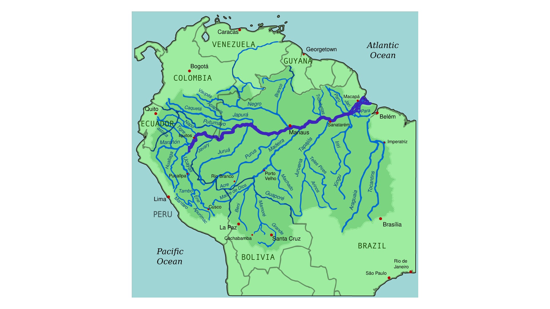 Carte du bassin versant du fleuve Amazone avec le fleuve Amazone en surbrillance.